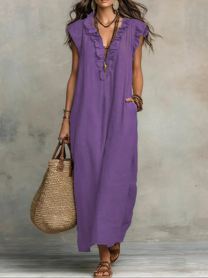Loose Plus Size Pockets Ruffle Trim Solid Color V-Neck Maxi Dresses