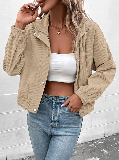 Long Sleeves Loose Buttoned Solid Color Zipper Lapel Jackets