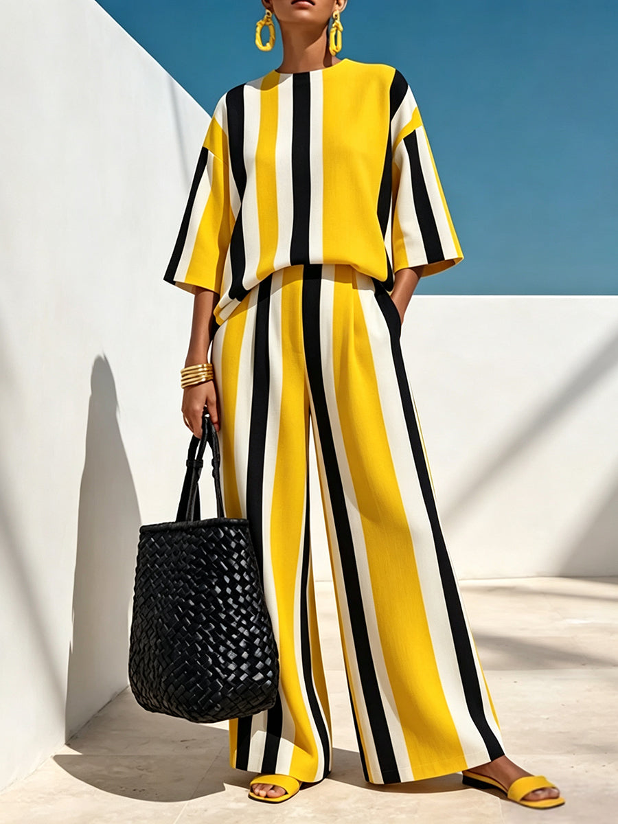 Striped Pockets Wide Leg Short Sleeves Round-neck Blouse Top + Pants Bottom Two Pieces Set
