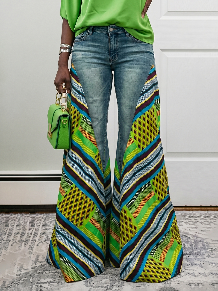 High Waisted Wide Leg Buttoned Contrast Color Pockets Split-Joint Striped Zipper Jean Pants Bottoms