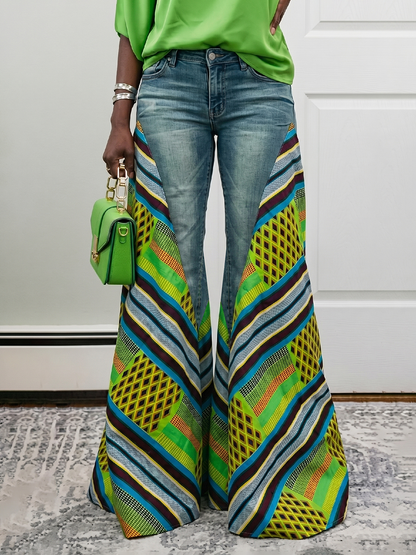 High Waisted Wide Leg Buttoned Contrast Color Pockets Split-Joint Striped Zipper Jean Pants Bottoms