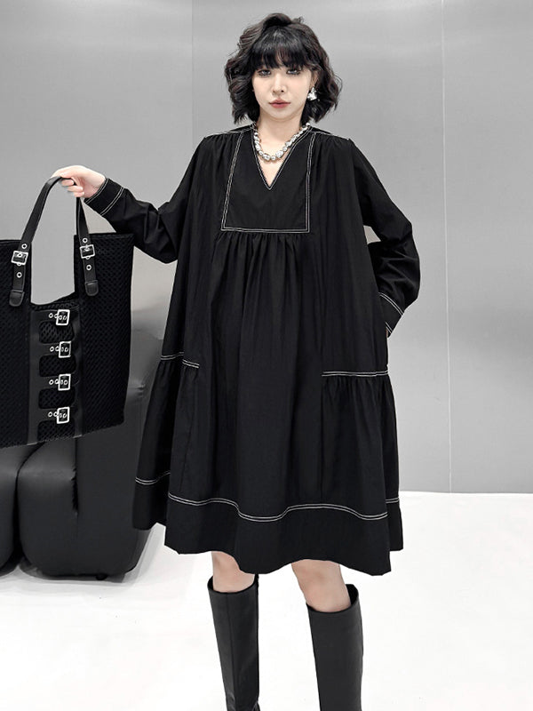 A-Line Long Sleeves Comfort Contrast Color Pleated V-Neck Mini Dresses