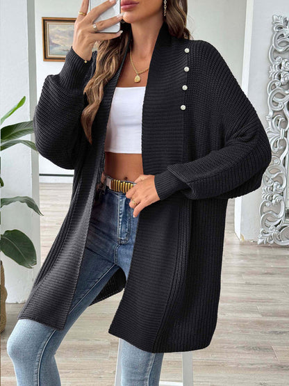 Solid Color Ribbed Loose Long Sleeves Stand Collar Cardigan Tops