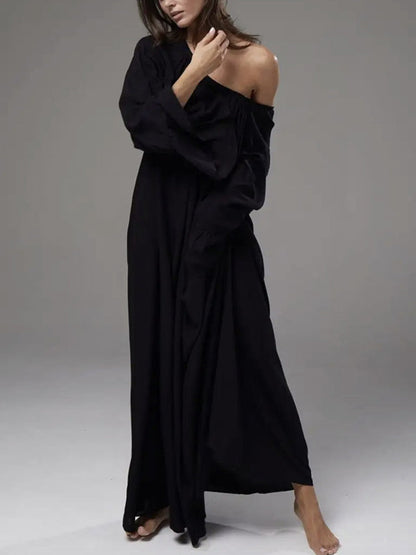 A-Line Flared Sleeves Pleated Solid Color Split-Joint Round-Neck Maxi Dresses