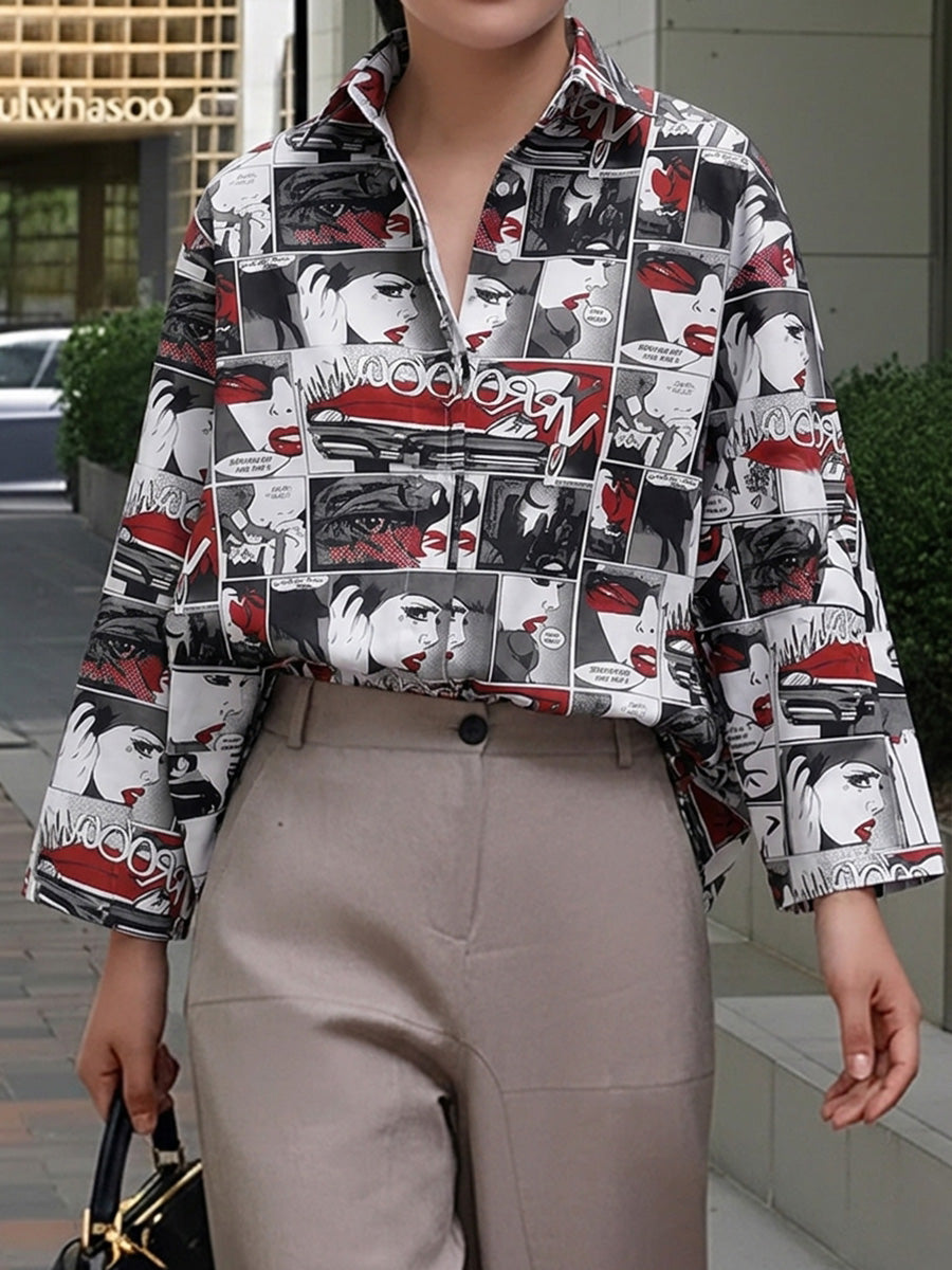 Long Sleeves Loose Buttoned Contrast Color Figure Printed Lapel Blouses&Shirts Tops