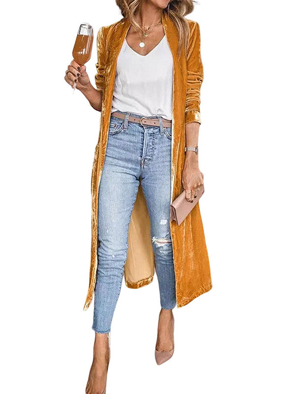 Long Sleeves Loose Pockets Solid Color Split-Joint Velvet Collarless Outerwear