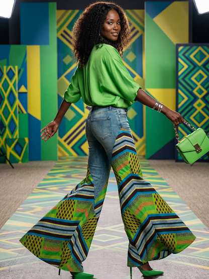 High Waisted Wide Leg Buttoned Contrast Color Pockets Split-Joint Striped Zipper Jean Pants Bottoms