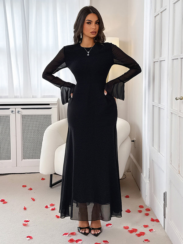 Elasticated Waist Flared Sleeves See-Through Solid Color Split-Joint Round-Neck Maxi Dresses