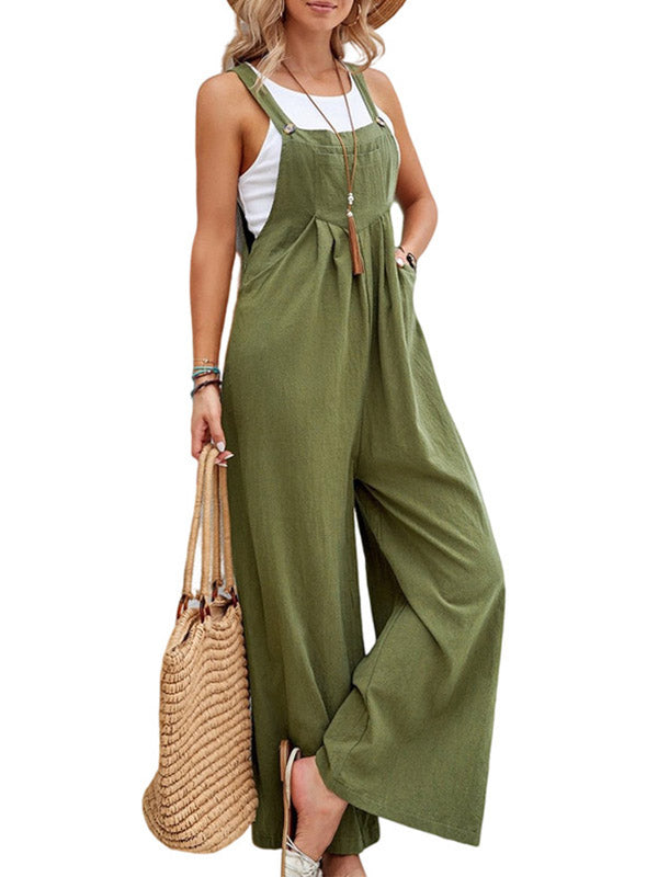 Loose Plus Size Pleated Split-Joint Square-Neck Overalls