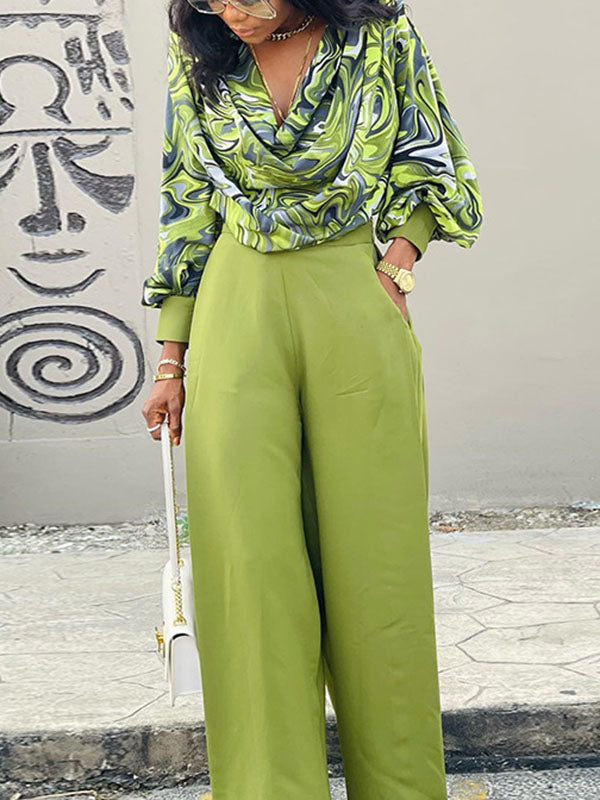 Long Sleeves Printed Heaps Collar Shirts Top + High Waisted Pants Bottom Two Pieces Set