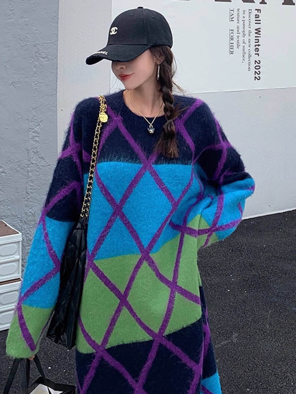 Long Sleeves Loose Contrast Color Plaid Split-Joint Round-Neck Midi Dresses Sweater Dresses