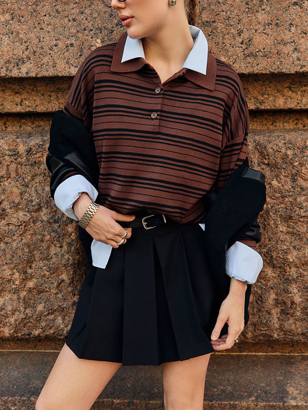 Long Sleeves Split-Joint Striped Lapel Sweater Tops