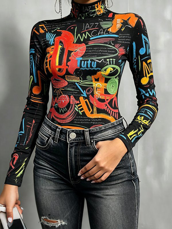 Printed Letter Print Contrast Color Skinny Long Sleeves Mock Neck T-Shirts Tops