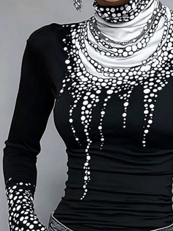 Long Sleeves Skinny Printed High-Neck T-Shirts Tops