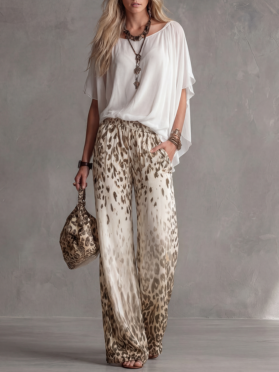 Pockets Leopard Gradient Elasticity Wide Leg Loose Wide Leg Pants Trousers