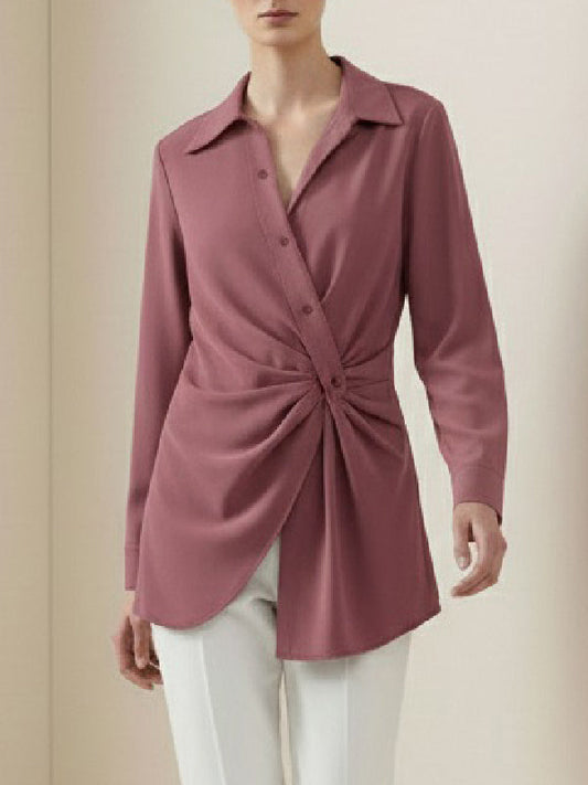 Long Sleeves Wrap Asymmetric Knot Pleated Lapel Blouses&Shirts Tops