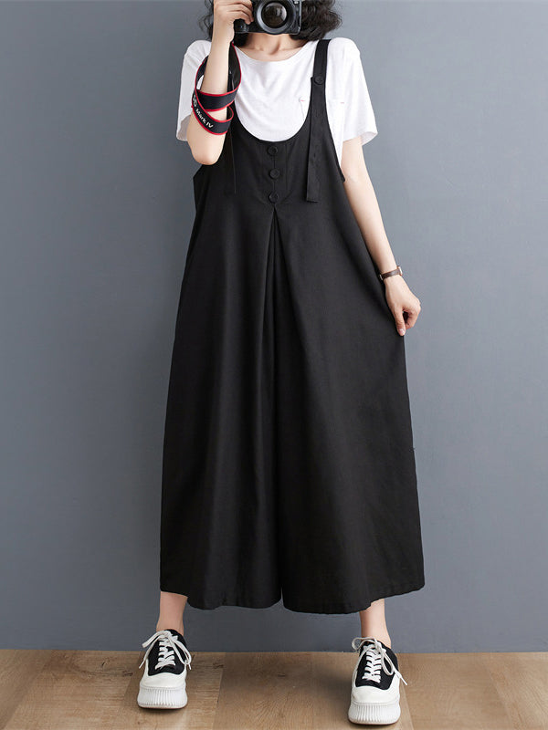 Ninth Pants Wide Leg Buttoned Solid Color Spaghetti-Neck Overalls