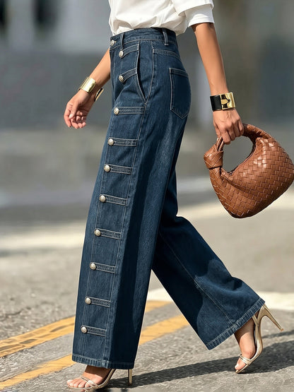 Pockets Buttoned Wide Leg Loose Jean Pants Bottoms
