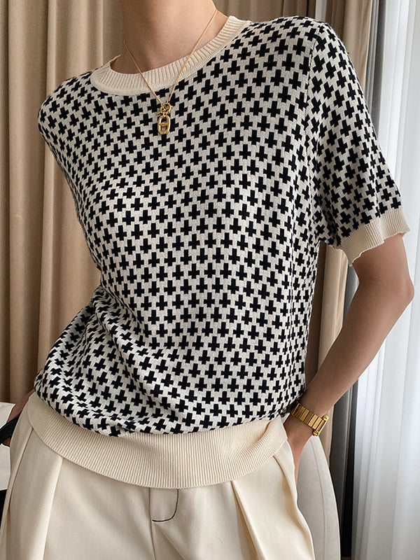 Half Sleeves Houndstooth Round-Neck Sweater Tops