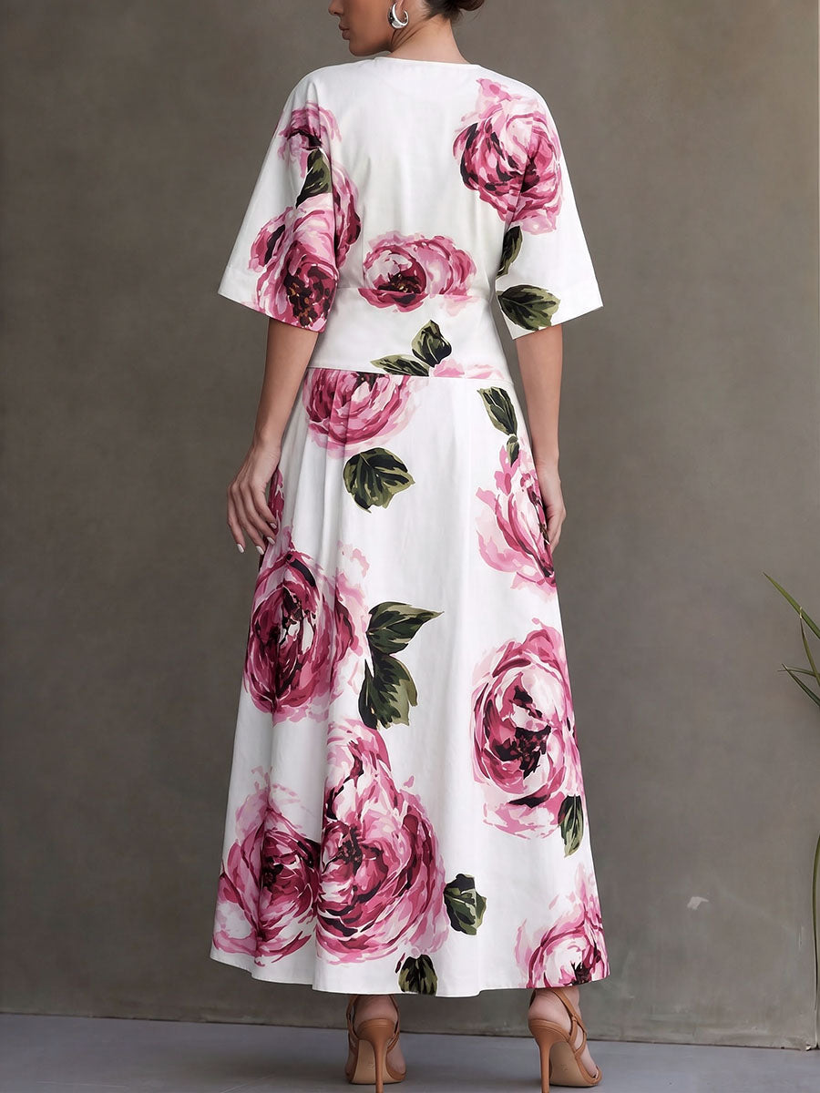 Zipper Split-Joint Pockets Flower Print High Waisted Half Sleeves Round-neck Maxi Dresses