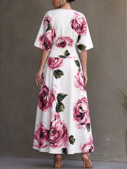Zipper Split-Joint Pockets Flower Print High Waisted Half Sleeves Round-neck Maxi Dresses