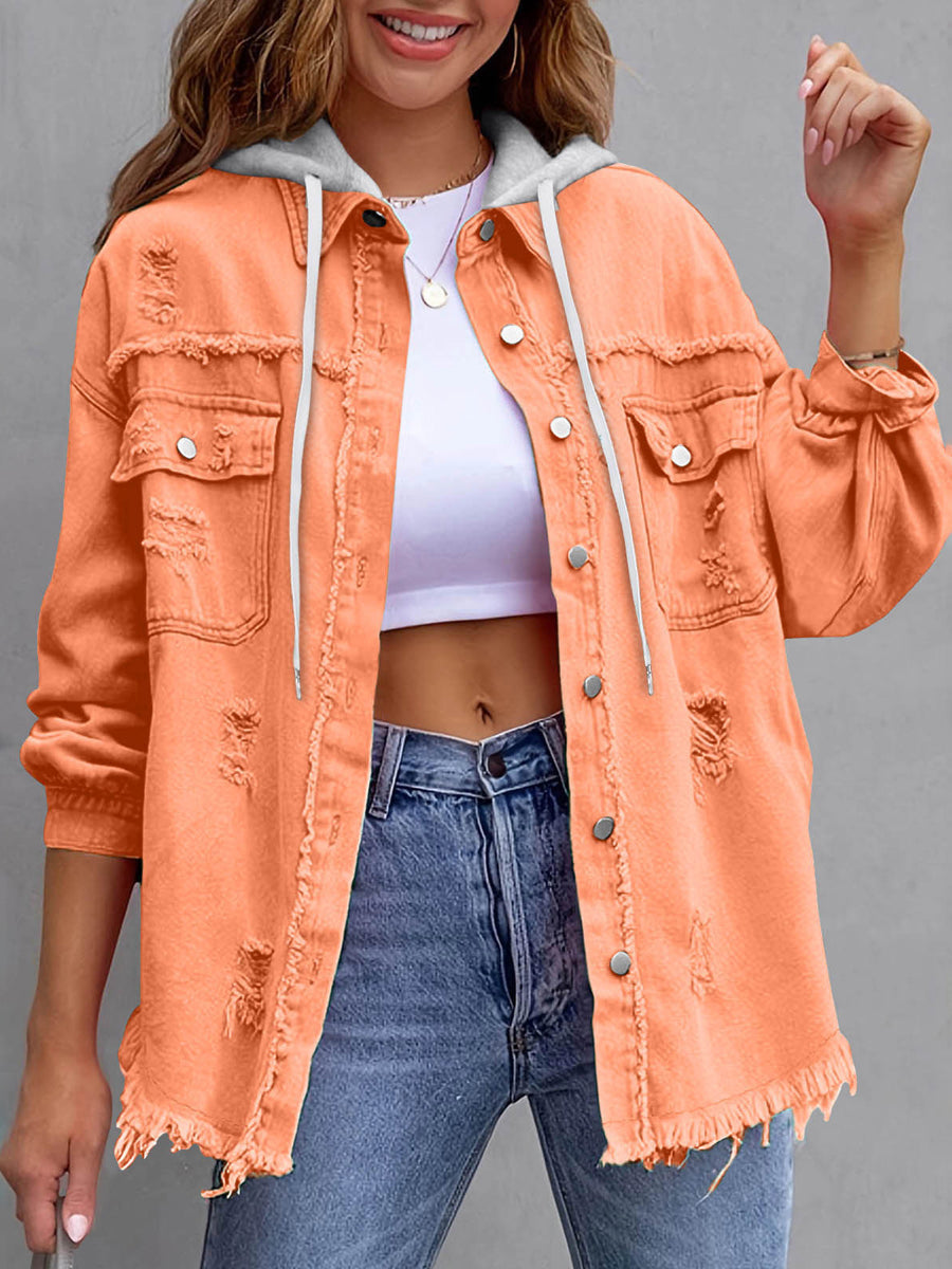 Split-Joint Pockets Fringed Buttoned Loose Long Sleeves Hooded Outerwear