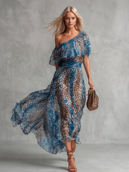 A-Line High Waisted Contrast Color Elasticity Leopard One-Shoulder Maxi Dresses