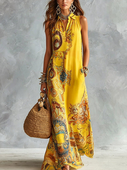 A-Line Loose Buttoned Contrast Color Pockets Printed Zipper Lapel Maxi Dresses Shirt Dress