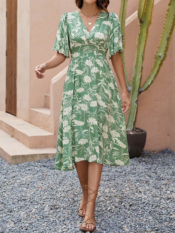 A-Line Half Sleeves Buttoned Contrast Color Pleated V-Neck Midi Dresses