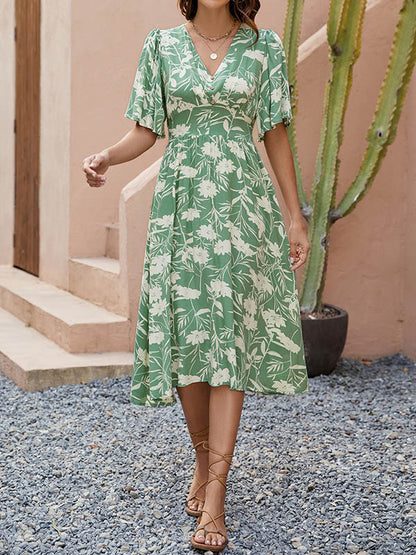 A-Line Half Sleeves Buttoned Contrast Color Pleated V-Neck Midi Dresses