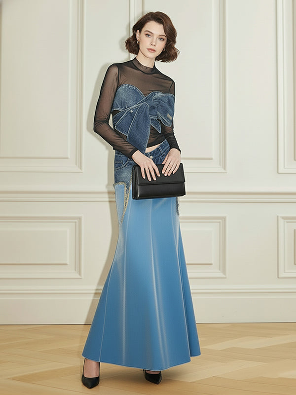 Irregularity Low-Waisted Asymmetric Contrast Color Fringed Split-Joint Skirts Bottoms