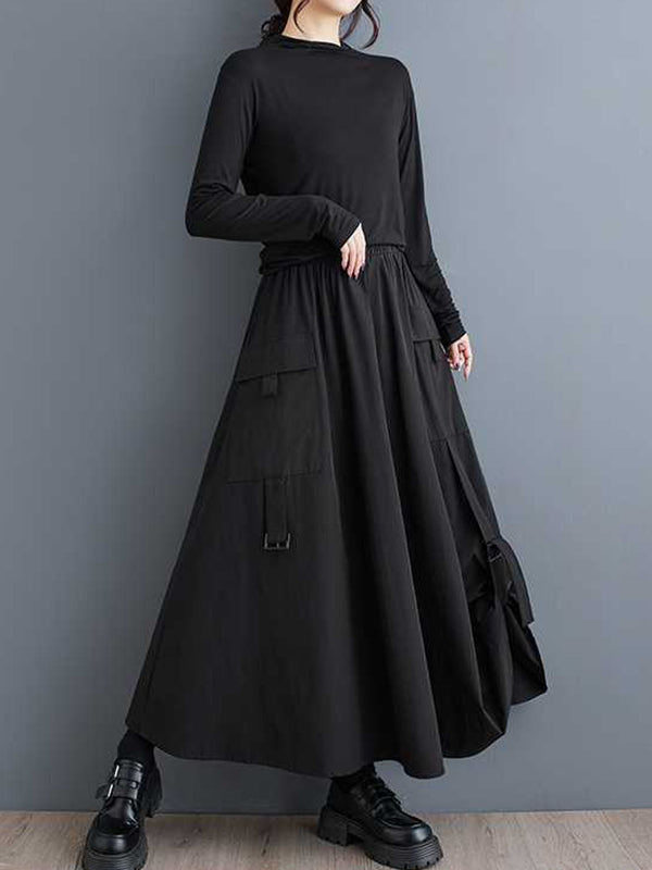 A-Line Loose Elasticity Pleated Pockets Solid Color Split-Joint Skirts Bottoms