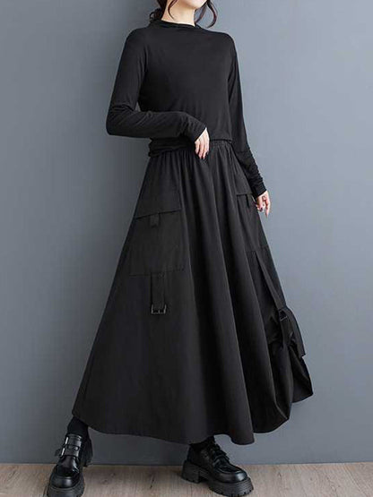 A-Line Loose Elasticity Pleated Pockets Solid Color Split-Joint Skirts Bottoms