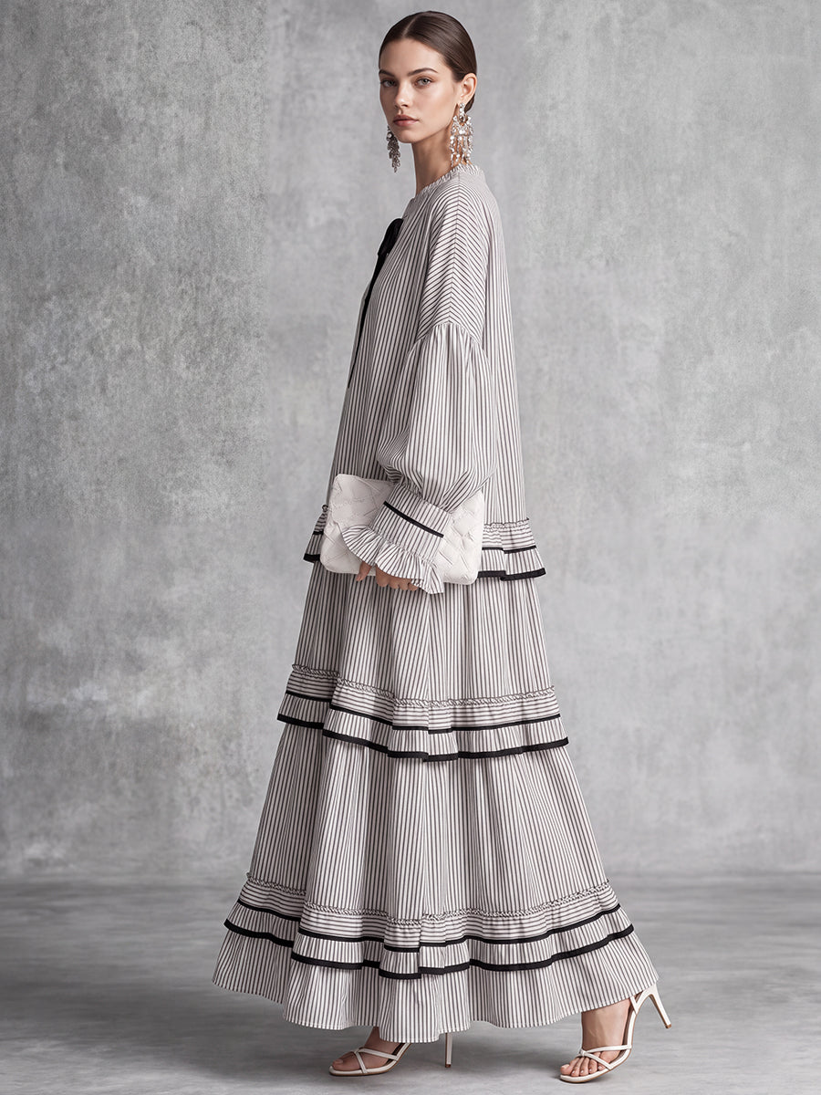 Tied Striped Split-Joint Ruffled Contrast Color Puff Sleeves Plus Size Round-neck Maxi Dresses