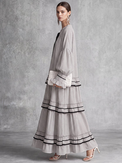 Tied Striped Split-Joint Ruffled Contrast Color Puff Sleeves Plus Size Round-neck Maxi Dresses