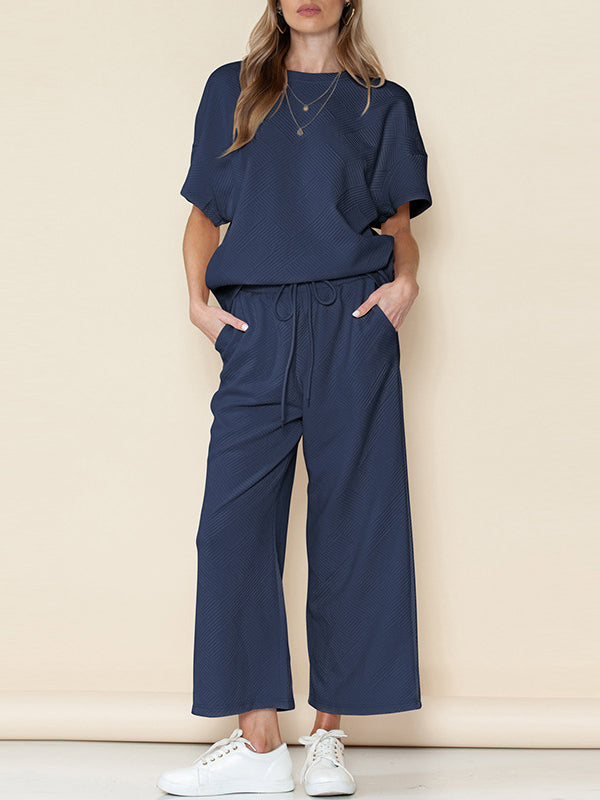 Loose Short Sleeves Solid Color Round-Neck T-Shirt Top + Drawstring Elasticity Pockets Pants Botttom Two Pieces Set