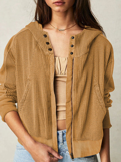 Veste à capuche, manches longues, poches boutonnées, fermeture éclair fendue, vêtements d'extérieur à capuche 