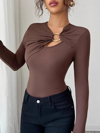 Long Sleeves Skinny Solid Color Split-Joint Asymmetric Collar T-Shirts