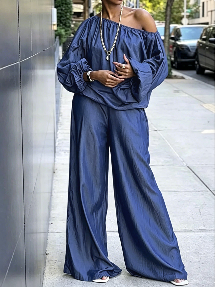 Solid Color One-Shoulder Long Sleeves Pleated Elasticity Blouses&Shirts Tops + High Waisted Pants Trousers Two Pieces Set