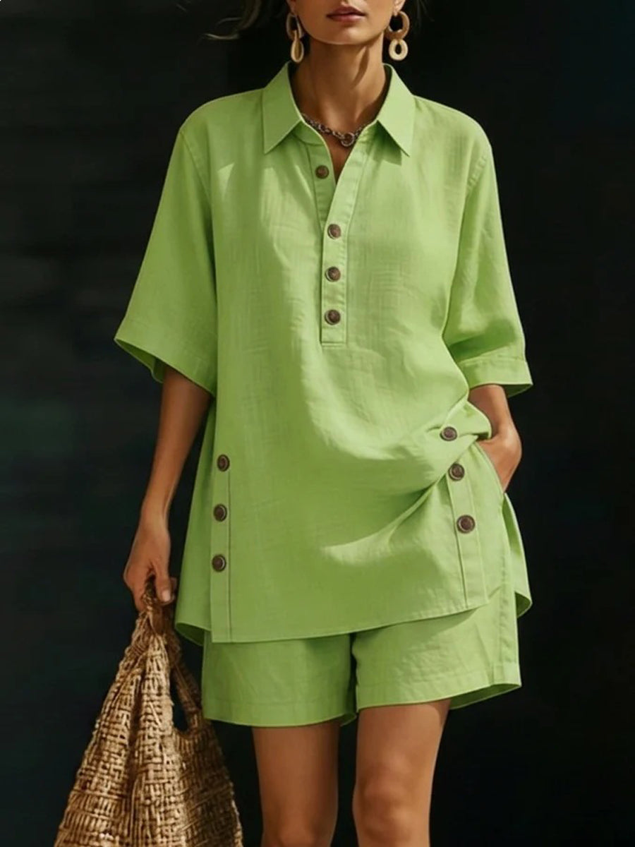 Loose Plus Size Buttoned Pockets Solid Color Lapel Blouse Top + Shorts Bottom Two Pieces Set