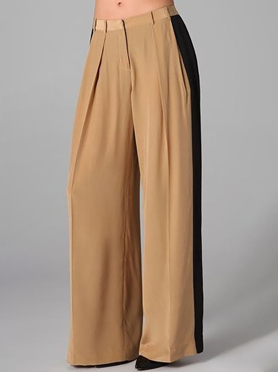 High Waisted Straight Leg Contrast Color Pleated Pockets Zipper Suit Pants Trousers