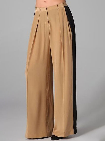 High Waisted Straight Leg Contrast Color Pleated Pockets Zipper Suit Pants Trousers