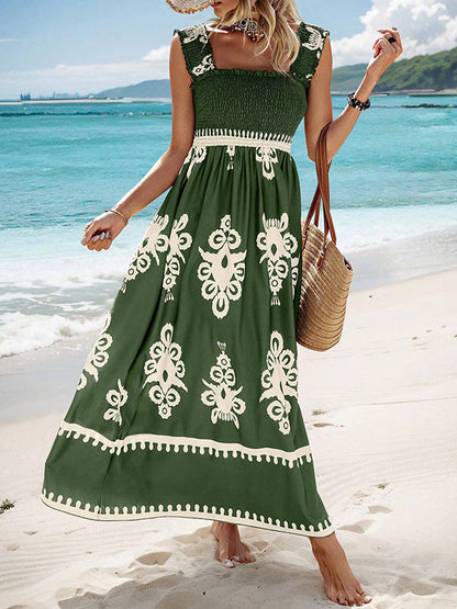 A-Line Loose Elasticity Pleated Printed Split-Joint Square-Neck Maxi Dresses