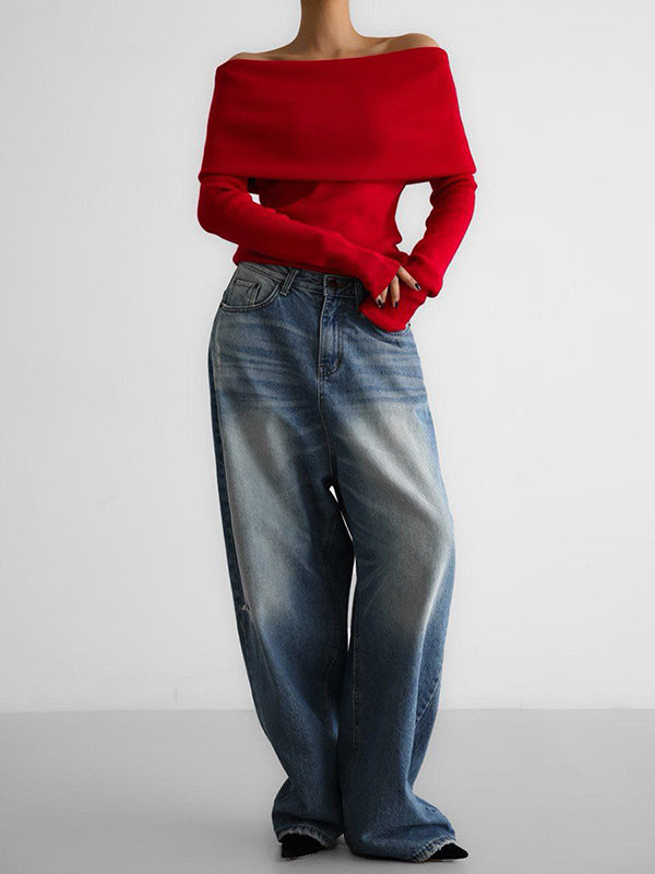 Long Sleeves Loose Solid Color Off-The-Shoulder Pullovers Sweater Tops