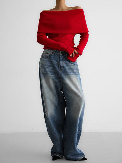 Long Sleeves Loose Solid Color Off-The-Shoulder Pullovers Sweater Tops
