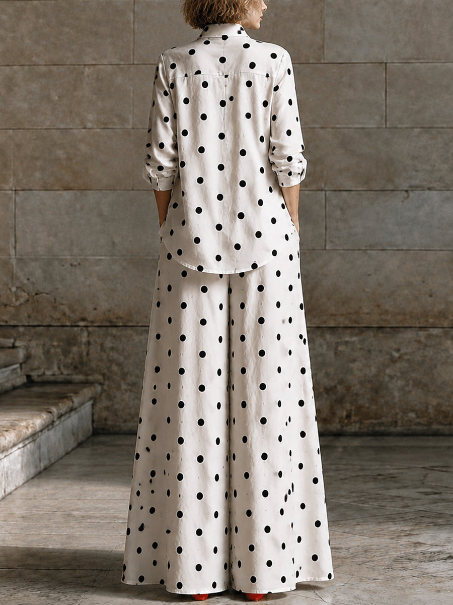 Polka-Dot Pockets Contrast Color Wide Leg Loose Trousers Pants