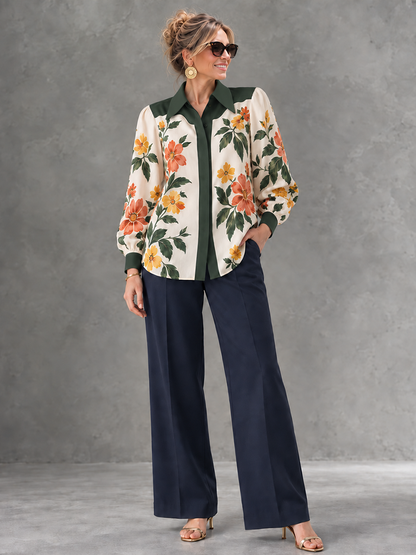 Split-Joint Flower Print Contrast Color Buttoned Long Sleeves Lapel Blouses&shirts Tops