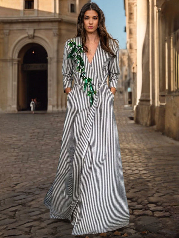 A-Line Loose Asymmetric Split-Joint Striped V-Neck Maxi Dresses Shirt Dress
