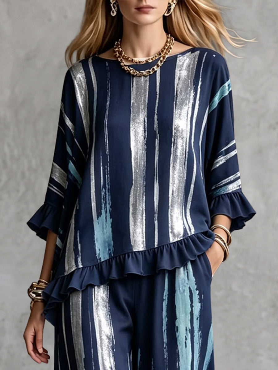 Split-Joint Ruffle Trim Printed Three-quarter Sleeves Ruffle Sleeves Round-neck Blouses&shirts Tops