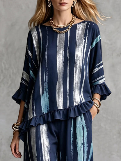 Split-Joint Ruffle Trim Printed Three-quarter Sleeves Ruffle Sleeves Round-neck Blouses&shirts Tops